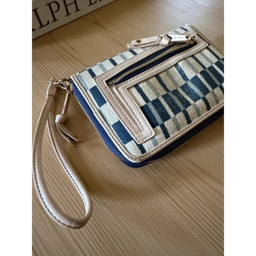 Spartina 449 Blue Cream Linen Leather Wristlet Wallet Zip Around Organizer